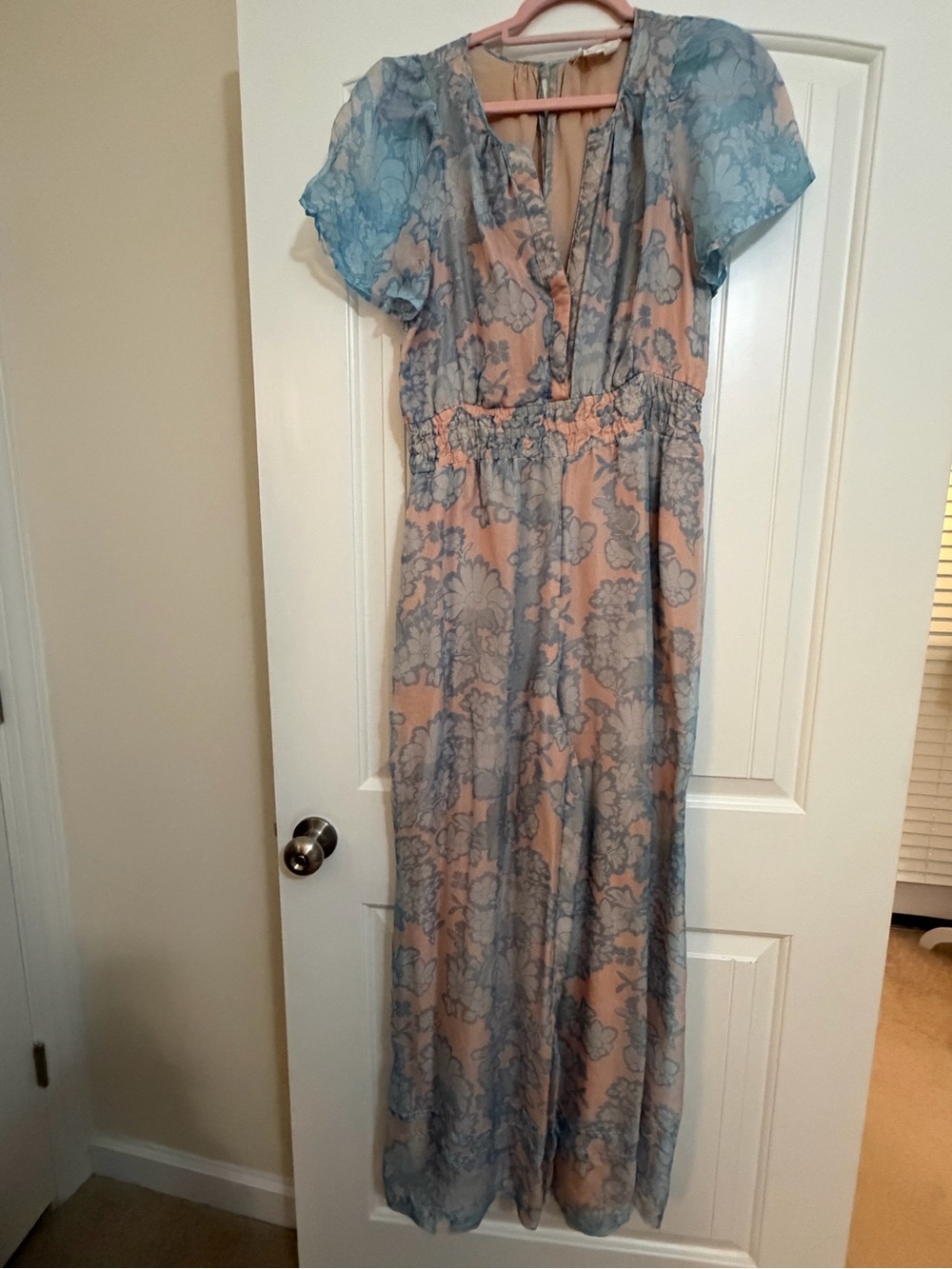 Anthropologie The Somerset Jumper Blue Floral & Pink Overlay Sz Medium Wide Leg